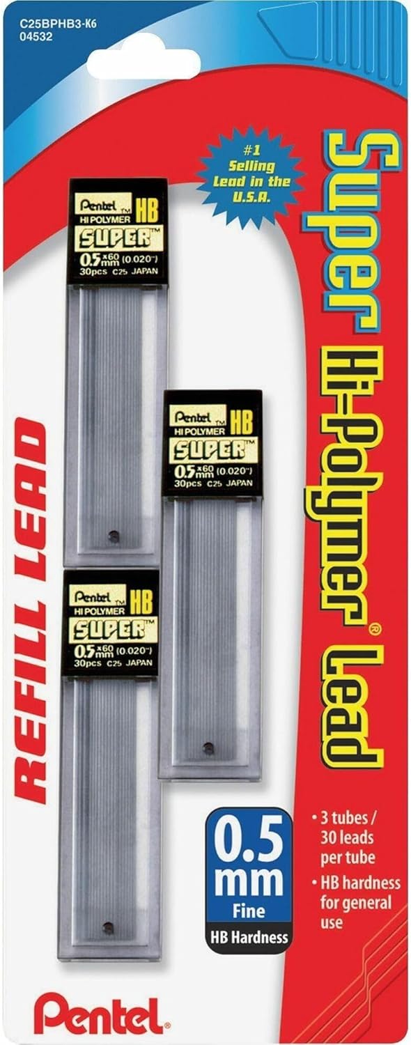 Pentel C27BPHB3K6 Super Hi-Polymer Lead Refills, 0.7mm, HB, Black, 30 per Tube (Pack of 3 Tubes)