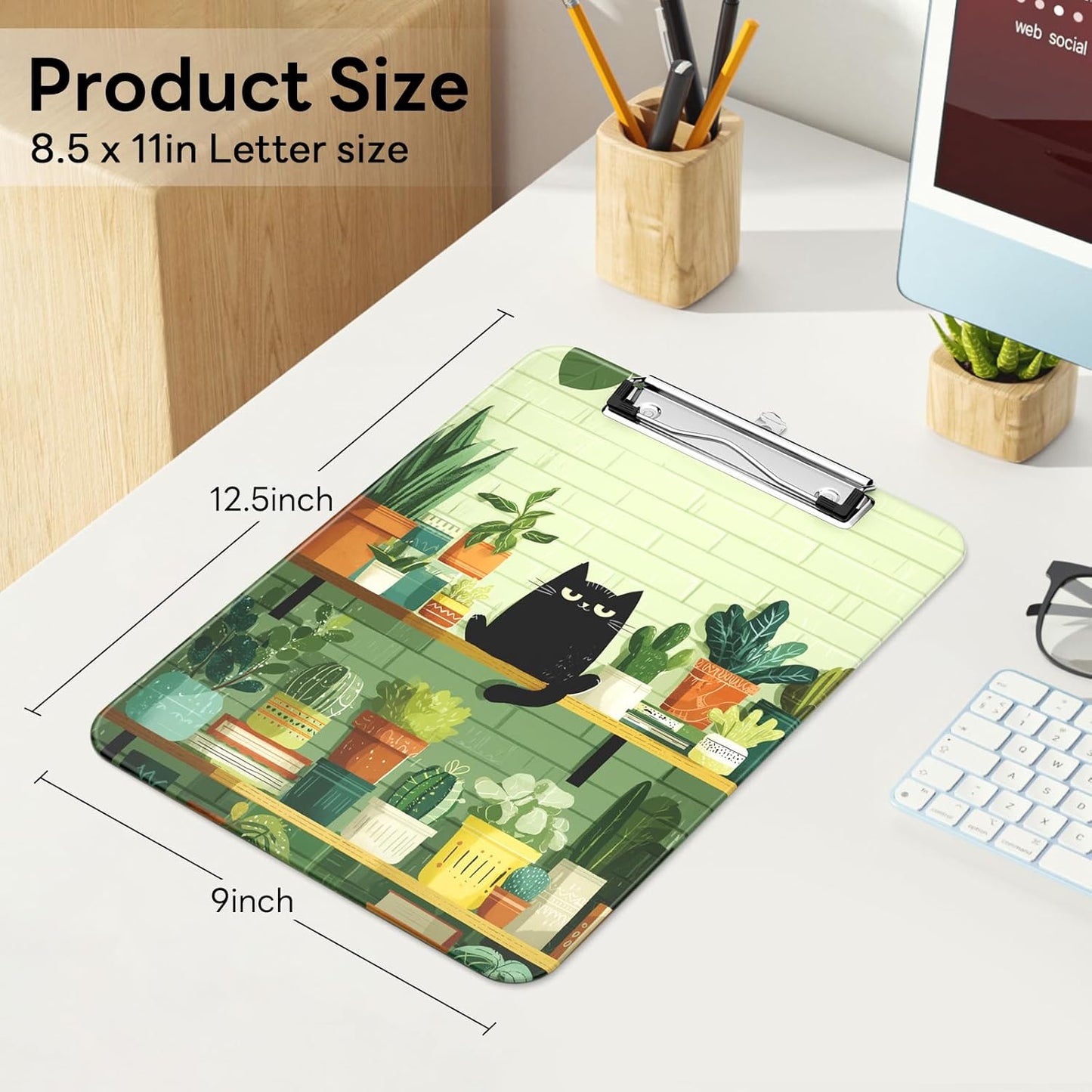 Plastic Cute Clipboard Low-Profile Metal Clip, A4 Letter Size 9 x 12.5 in, 8.5 x 11 Paper Clip Board for Teachers, Nurses, Classroom,Cute Black Cats