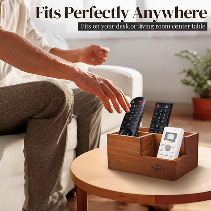Flexzion Rustic Wooden Pencil Holder for Office - 3 Slots - Desk and Table Storage Organizer - Multifunctional Remote Control Holder for Home, School and Office