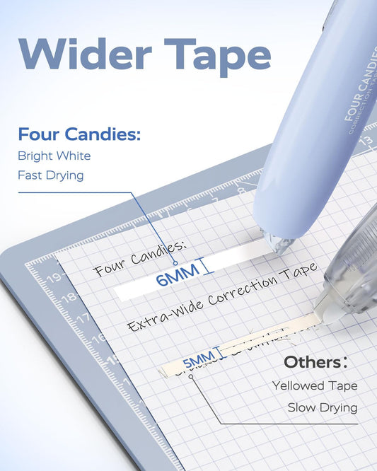 Four Candies Refillable Retractable White Correction Tape, 4PCS Smooth White Pull-Out Tape with 4 Extra Refills, Easy to Use Applicator for Instant Corrections for Office, School Supplies (Purple)