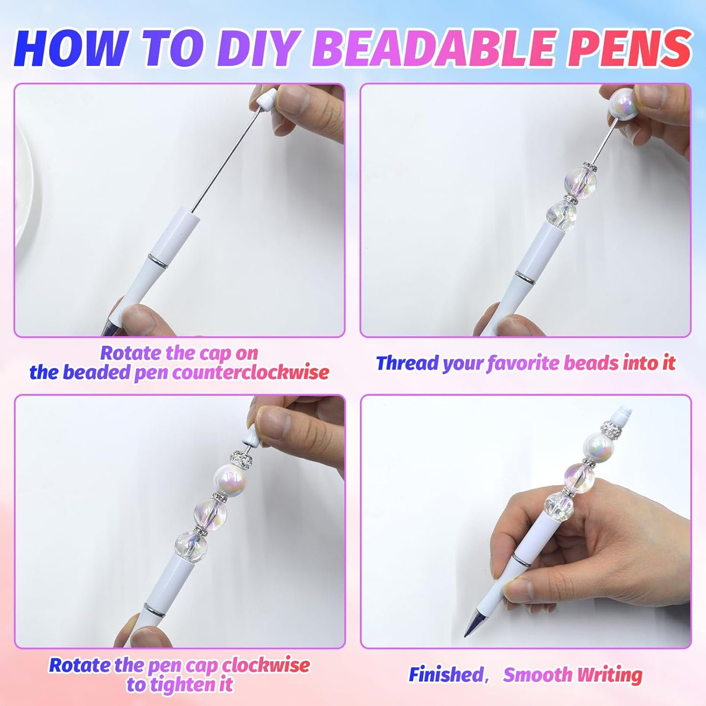 150 Pieces DIY Beadable Pen Kit – 50 Plastic Ballpoint Pens with Refills & Bags, Beads Not Included – School Supplies, Office Accessories & Craft Gifts for Students & Teachers (Multicolor)