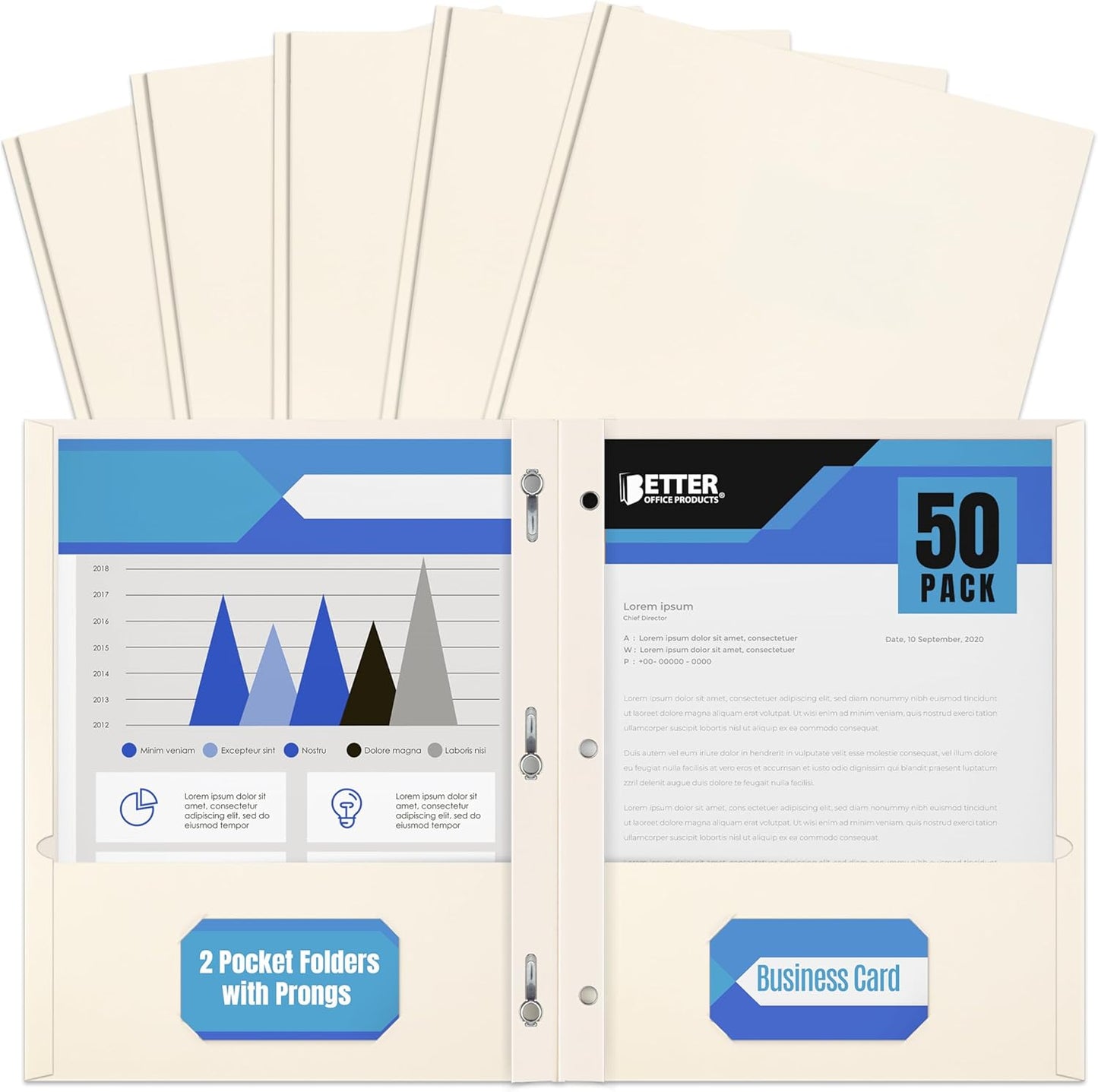 Better Office Products Blue Paper 2 Pocket Folders with Prongs, 50 Pack, Matte Texture, Letter Size Paper Folders, 50 Pack, with 3 Metal Prong Fastener Clips, Blue