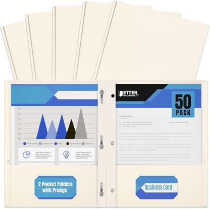Better Office Products Blue Paper 2 Pocket Folders with Prongs, 50 Pack, Matte Texture, Letter Size Paper Folders, 50 Pack, with 3 Metal Prong Fastener Clips, Blue