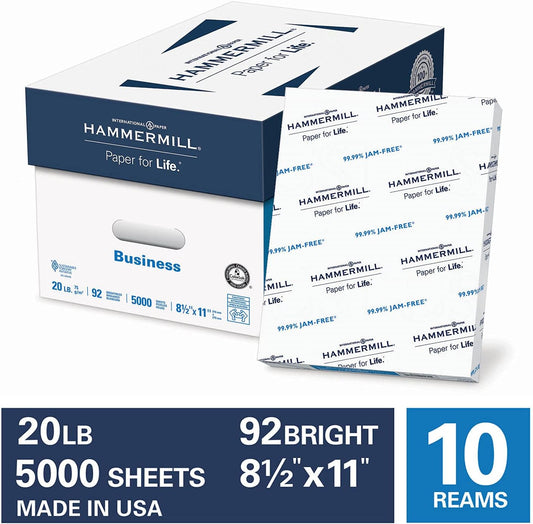 Hammermill Business Copy Paper, 20lb, 92 Bright, 8 1/2" x 11", 10 Ream Case