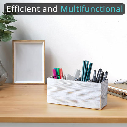 Bivvclaz Pencil Pen Holder for Desk, Wooden Office Desk Organizers and Accessories with 4 Slots for Countertop, Makeup Brush Holder Organizer for Bathroom Vanity, Silverware Caddy for Party, White