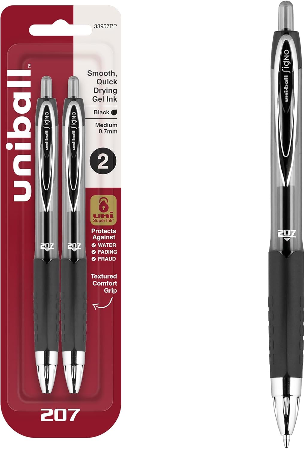 uniball 207 Retractable Gel Pens, Medium Point (0.7mm), Black, 2 Pack