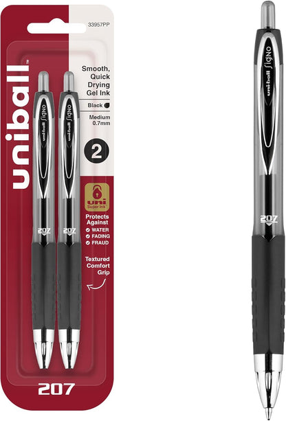 uniball 207 Retractable Gel Pens, Medium Point (0.7mm), Black, 2 Pack