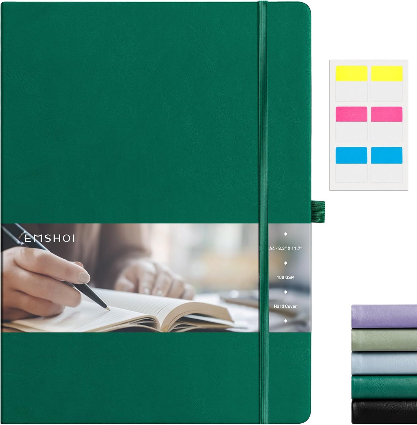 EMSHOI A4 College Ruled Notebook, Large 8.3" x 11.7", 192 Pages 100GSM Ink-Proof Faux Leather Hardcover Lay-Flat Lined Journal for Office School Work Writing, Black