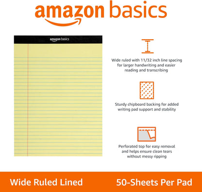Amazon Basics Wide Ruled Lined Writing Note Pads with Sturdy Back, 8.5" x 11.75", Multicolor, 6-Pack, 300 Sheets, Perforated