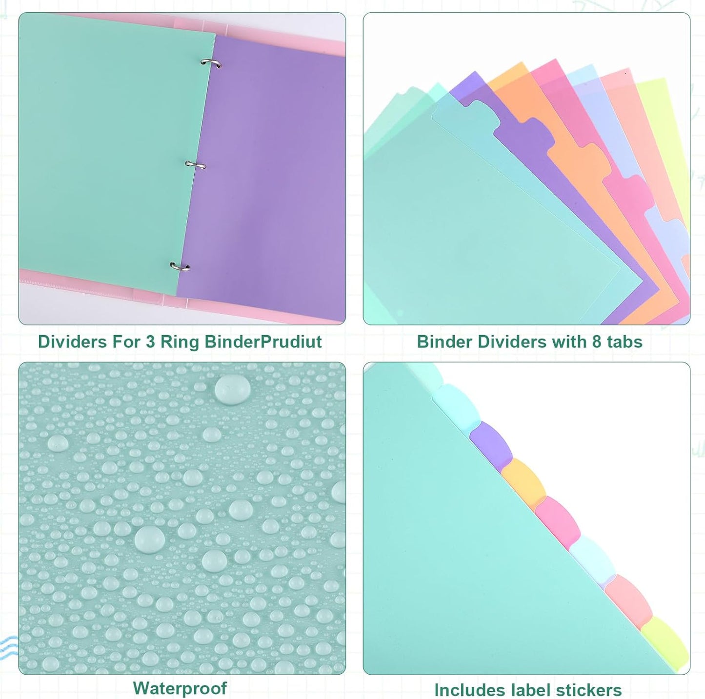 6 Sets of 48Pcs Binder Dividers with Tabs, 8 Tab Dividers for 3 Ring Binder - Waterproof Plastic Notebook Dividers for Office, School(8.5 × 11 Inch)