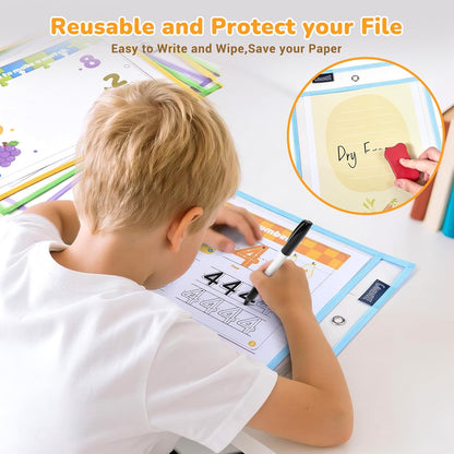 Gamenote Dry Erase Pockets 30 Pack with Rings, Oversized Reusable Plastic Sleeves Shop Job Ticket Holders Sheet Protectors Teacher Supplies Organization for Classroom Must Have, 10x14 Inches (Black)