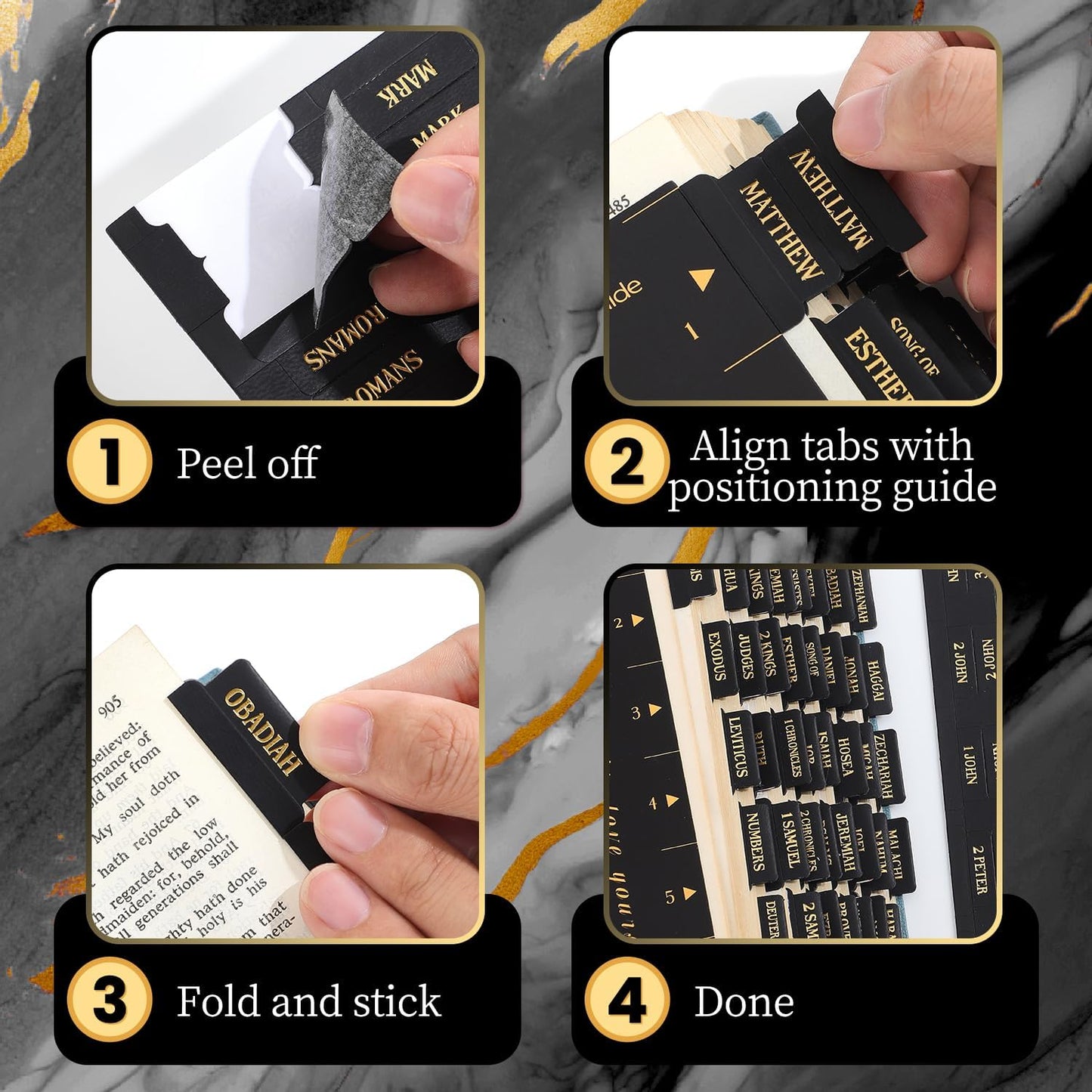 Laminated Bible Tabs, Gold Foil Embossed Lettering Bible Chapter Index Tabs for Women Men, Reposition Large Print Sticky Labels, Easy to Read and Apply, 105Chapters Labels for Easy Navigation (Black)