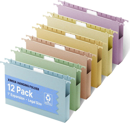 XINGIA Legal Size Hanging File Folders Extra Capacity,1'' Expansion Hanging Folders for Filing Cabinet,12 Pack Wheat Straw File Folders Hanging with Tabs,Pastel Hanging File Organizer for Office