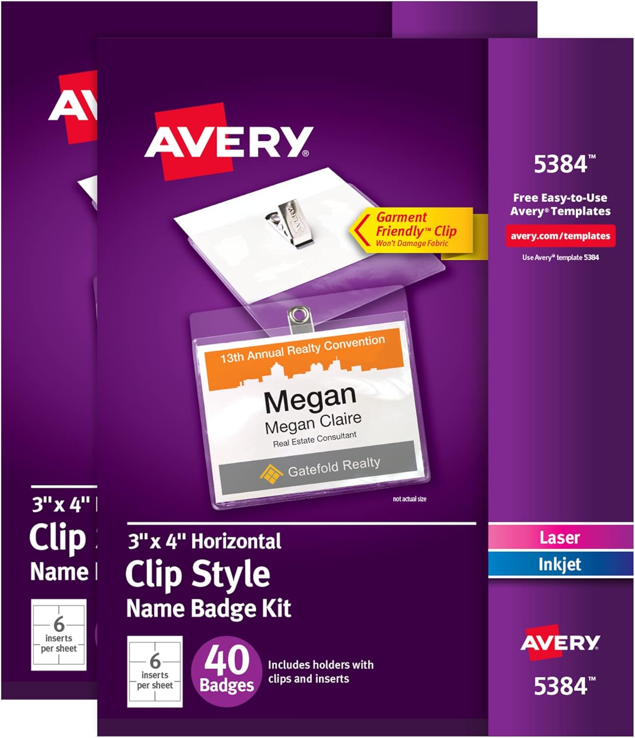 Avery Customizable Name Badges, Clip Style, 3" x 4", Clear Name Tag Holders, White Laser/Inkjet Printable Inserts, 100 Total (74541)