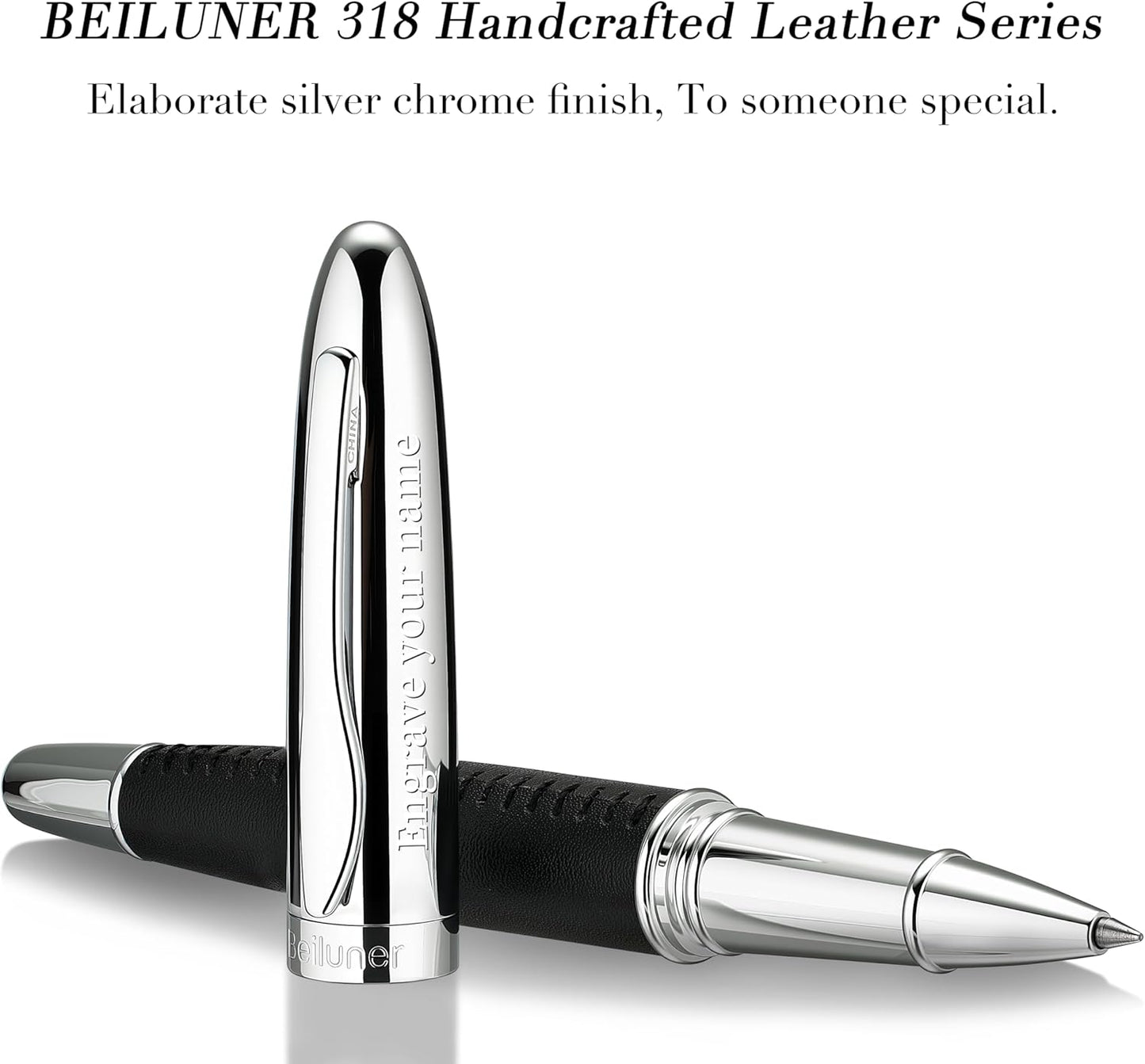 BEILUNER 318 Luxury Leather Pen, Hand-Stitched Premium Leather, Chrome-Plated Finish, Schmidt Ink Refill, Best Rollerball Pen Gift for Men & Women, Refillable, Executive Writing, Nice Pens