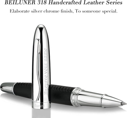 BEILUNER 318 Luxury Leather Pen, Hand-Stitched Premium Leather, Chrome-Plated Finish, Schmidt Ink Refill, Best Rollerball Pen Gift for Men & Women, Refillable, Executive Writing, Nice Pens