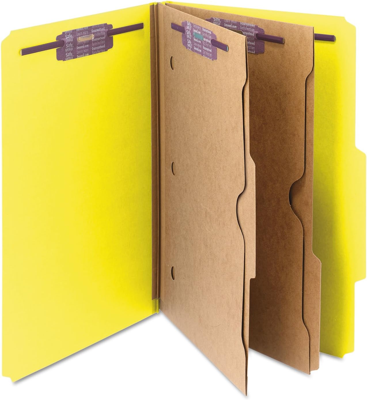 Smead Pressboard Classification File Folder with SafeSHIELD Fasteners, 2 Pocket Dividers, 2" Expansion, Legal Size, Yellow, 10 per Box (19084)