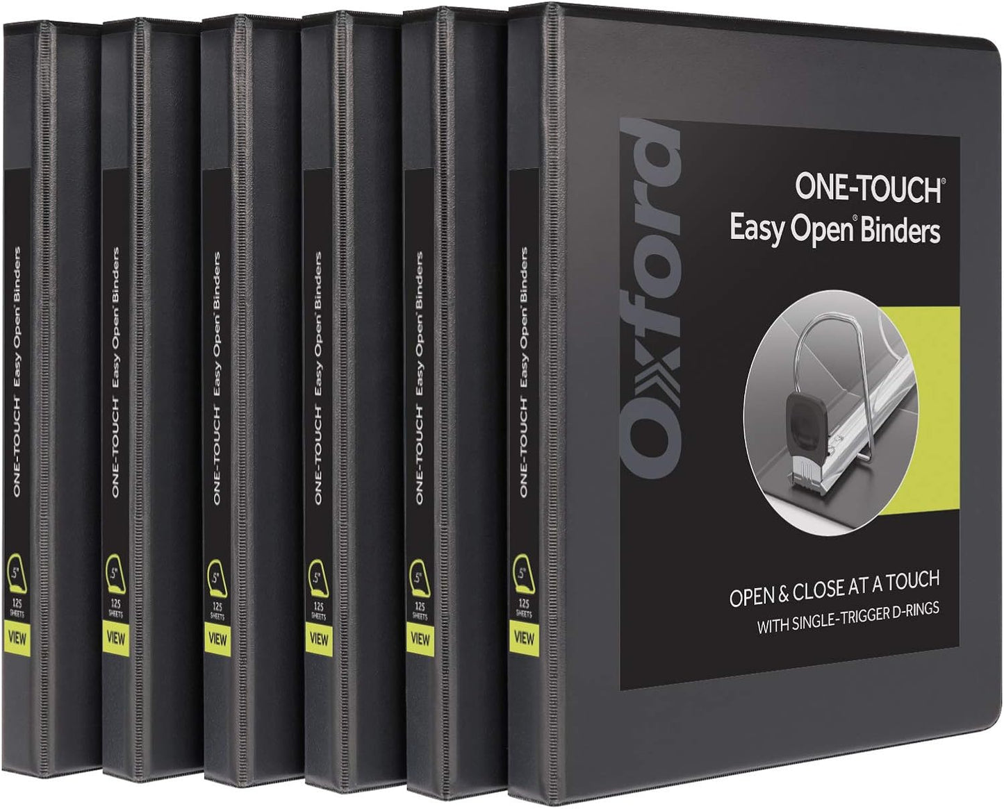 Oxford 3 Ring Binders, 0.5 inch ONE-Touch Easy Open D Rings, Durable Binders for School and Office, View Binder Covers, Xtralife Hinge, Non-Stick, PVC-Free, Black, Holds 125 Sheets, 6 PK (79901)