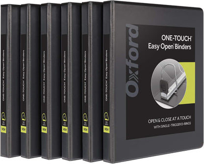 Oxford 3 Ring Binders, 0.5 inch ONE-Touch Easy Open D Rings, Durable Binders for School and Office, View Binder Covers, Xtralife Hinge, Non-Stick, PVC-Free, Black, Holds 125 Sheets, 6 PK (79901)