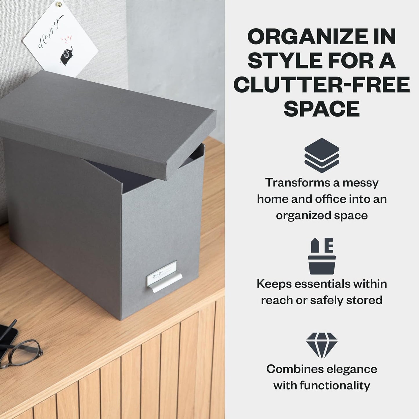 Bigso John Fiberboard Label Frame Desktop File Storage Box - Document Organizer for Important Paperwork - Durable Hanging File Box with a Lid & Metal Label Window - 7.36 x 13.38 x 10.51 in - White