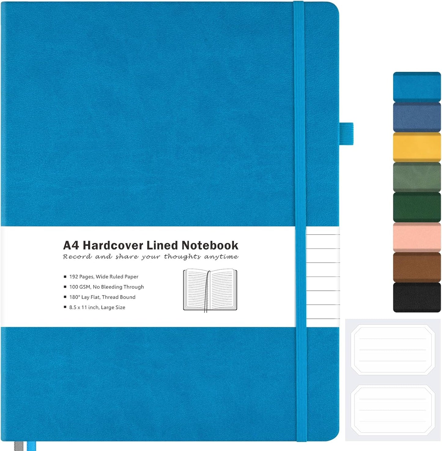 College Ruled Notebook, A4 Hardcover Leather Notebook for Work, Lined Notebook Journal for Women, Men, 192 Thick Paper, Lay Flat, Large Notebook with 2 Pockets, Professional Business Notebook, Black