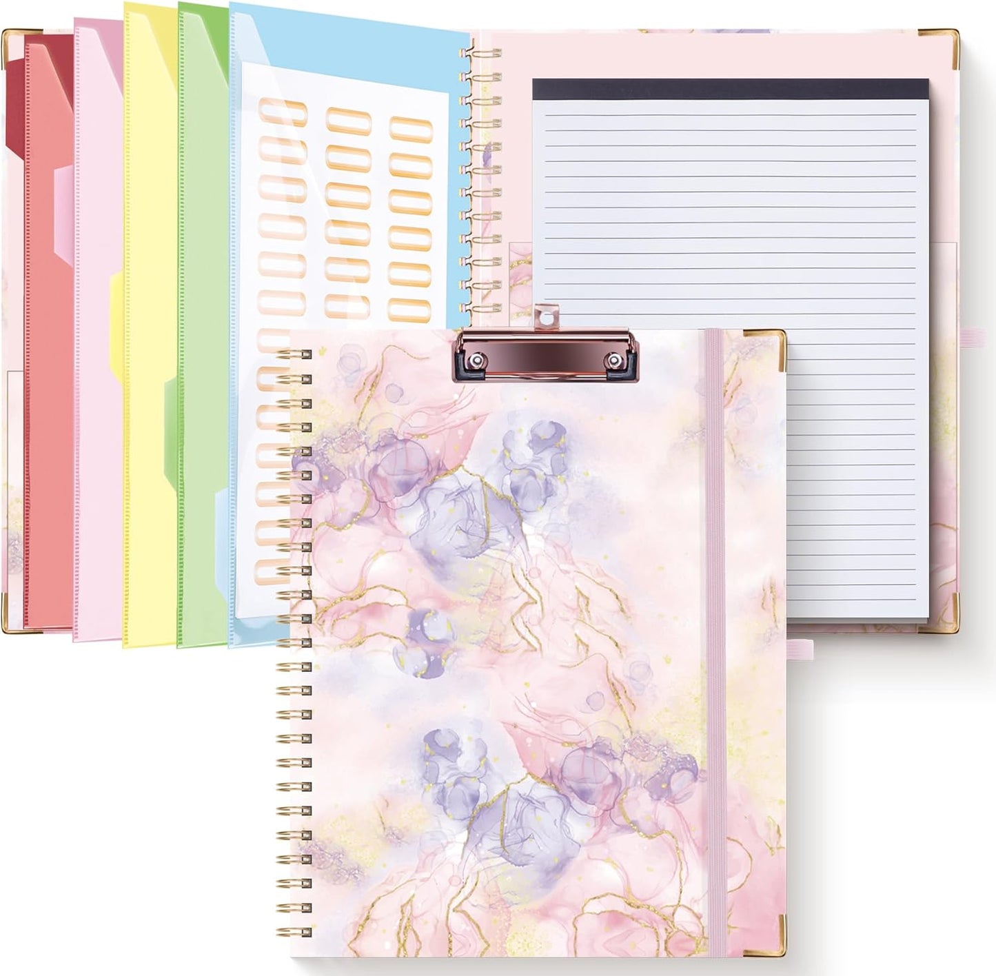 HAUTOCO Clipboard Folio with Refillable Notepad for Letter Size (11" x 8.5"), 5 Dividers with 10 Pockets, Elastic Pen Holder and File Folder Labels, Spiral Nurse Clipboard Artboard(Green)