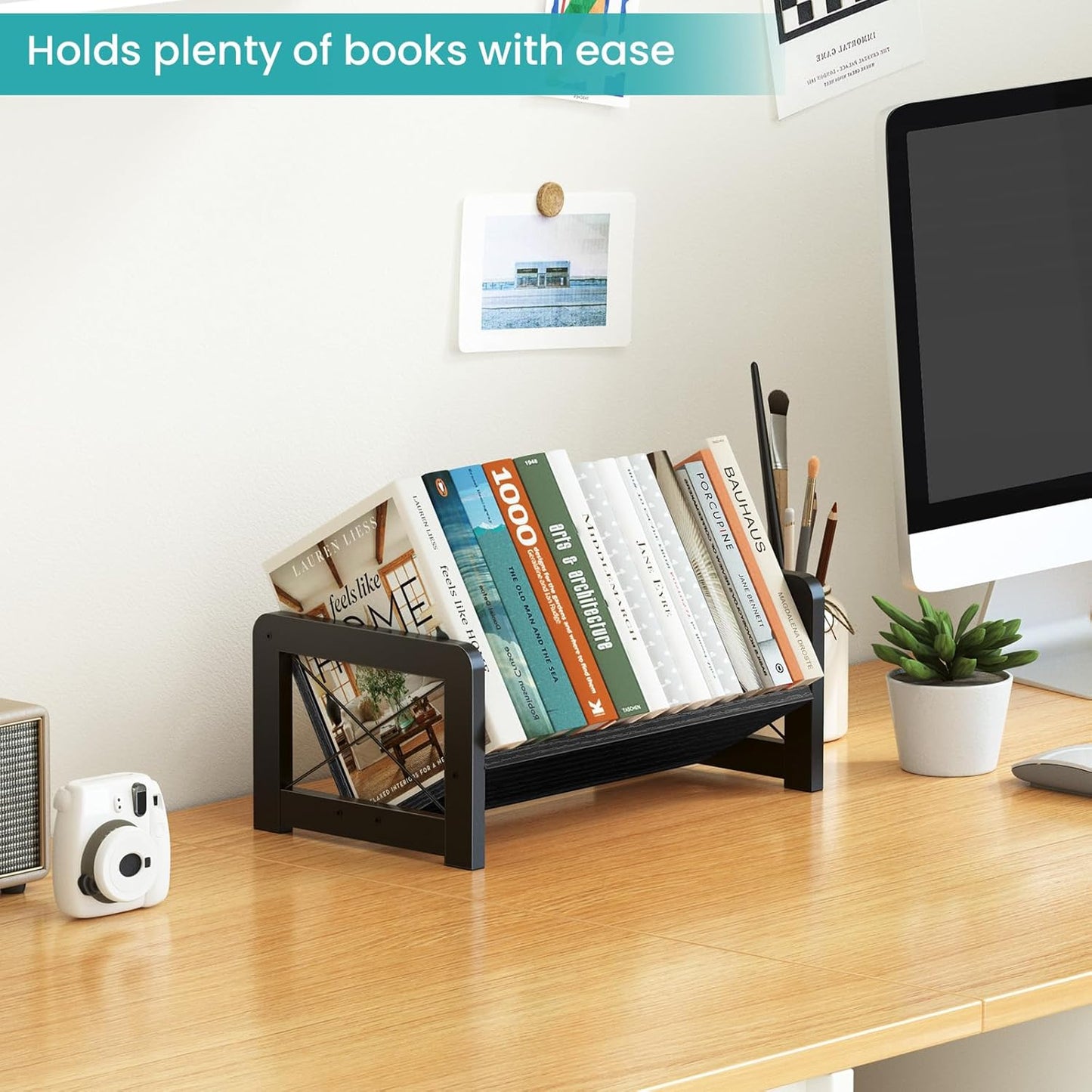 ELITEROO Desktop Bookshelf Organizer, Wood Slanted Desk Bookshelf, Small Tabletop Book Rack, Portable Mini Bookcase for Book Display, Cookbooks, Kids Reading, Office & Home Storage, Rustic Brown