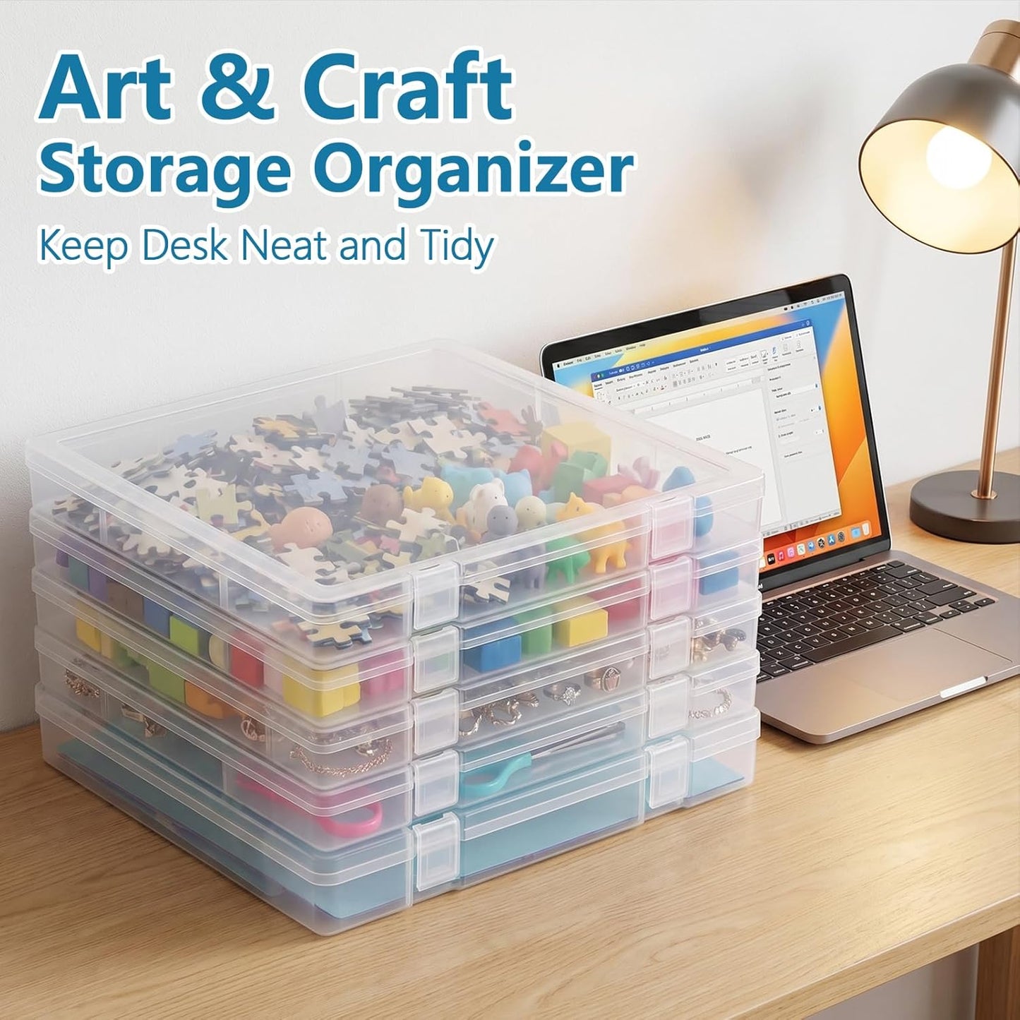 5 Packs Scrapbook Paper Storage, Stackable Plastic File Storage Box Set with Sticky Index Tabs, Lager Sizes Craft Organizer Storage, U-Shaped Locking Mechanism, Ideal for Document Organizer