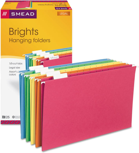 Smead Hanging File Folder with Tab, 1/5-Cut Adjustable, Legal Size, Assorted Primary Colors, 25 per Box (64159) (Pack of 1)
