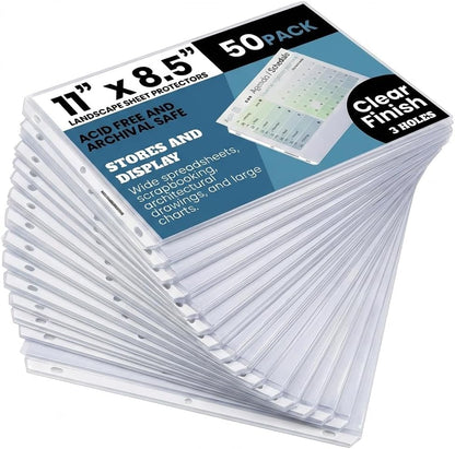 Performore 50 Sheet Protectors, Landscape Clear Sheet Protectors 8.5 X 11 Inch for 3 Ring Binder, Plastic Sheet Sleeves, Top Loading with 3 Hole-Punched Archival Safe, Non-Stick and Long-Lasting