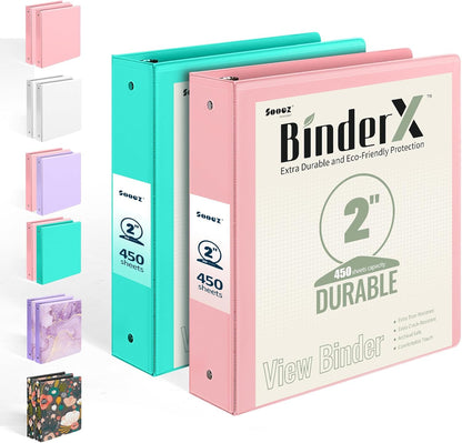 2 Pack BinderX Extra Durable 3 Ring Binder, 1 Inch Binder Round Rings, Fits 350 Sheets of 8.5x11 Paper, Customizable View Cover with Inside Pockets, Cute 1 Inch Binders 3 Ring, Pink & Purple