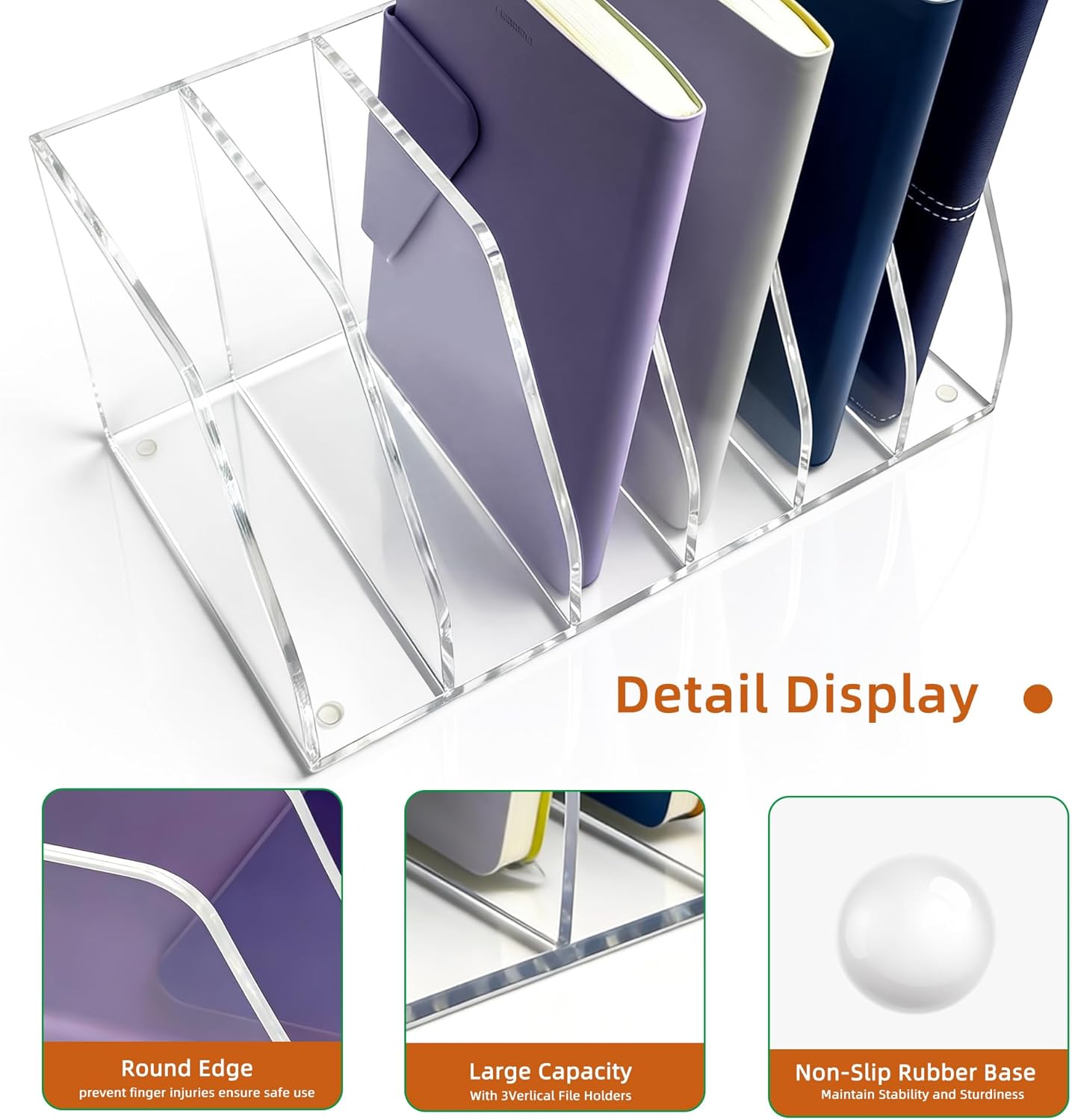 Acrylic Magazine File Holder, 4 Vertical Compartments Desk Document Sorter Organizer, Clear Folder Rack Binder for Office, Tablets, Magazines, Books – Home/Classroom Rack, 5mm Thick