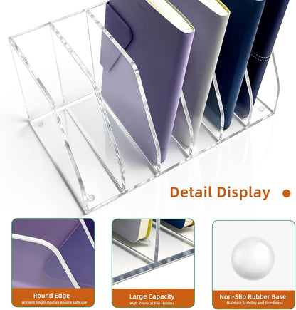 Acrylic Magazine File Holder, 4 Vertical Compartments Desk Document Sorter Organizer, Clear Folder Rack Binder for Office, Tablets, Magazines, Books – Home/Classroom Rack, 5mm Thick