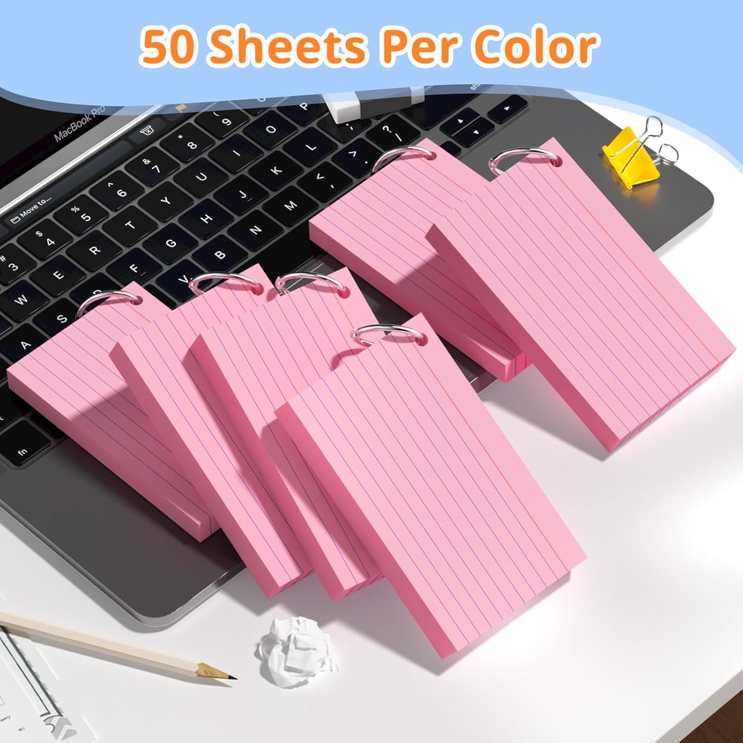 Index Cards 3x5 Inches, 300 PCS, Colored Flash Cards With Ring, Punched Lined Study Card Ruled Flashcards Notecards, Ruled Front And Blank Back, Note Card for School, College And Home