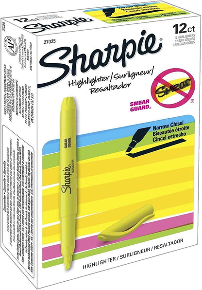 Sharpie Pocket Style Highlighters, Chisel Tip, Fluorescent Yellow, Box of 12