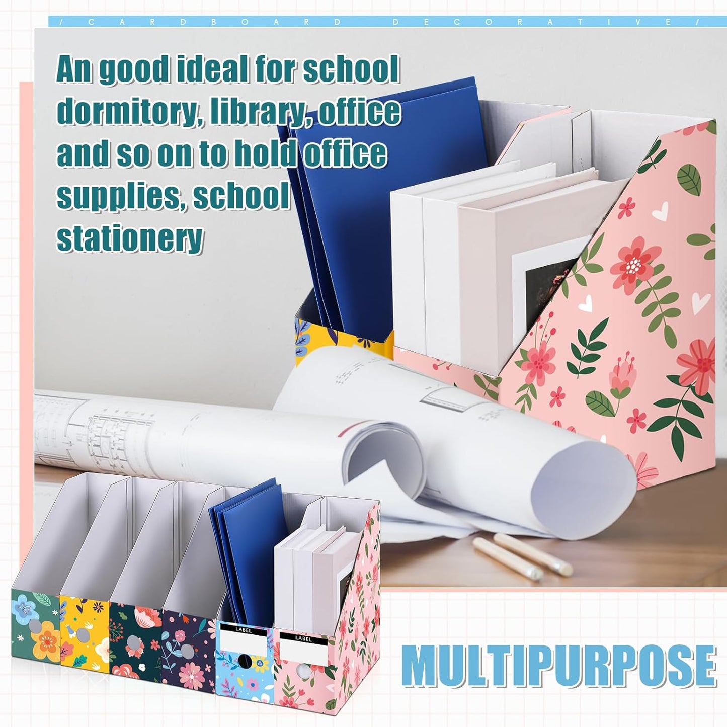 PerKoop 6 Pcs Decorative Magazine File Holders Floral Foldable File Folders Magazine Storage Boxes Rack Desk Organizer Documents with Printable Labels for School Office Home (Floral)