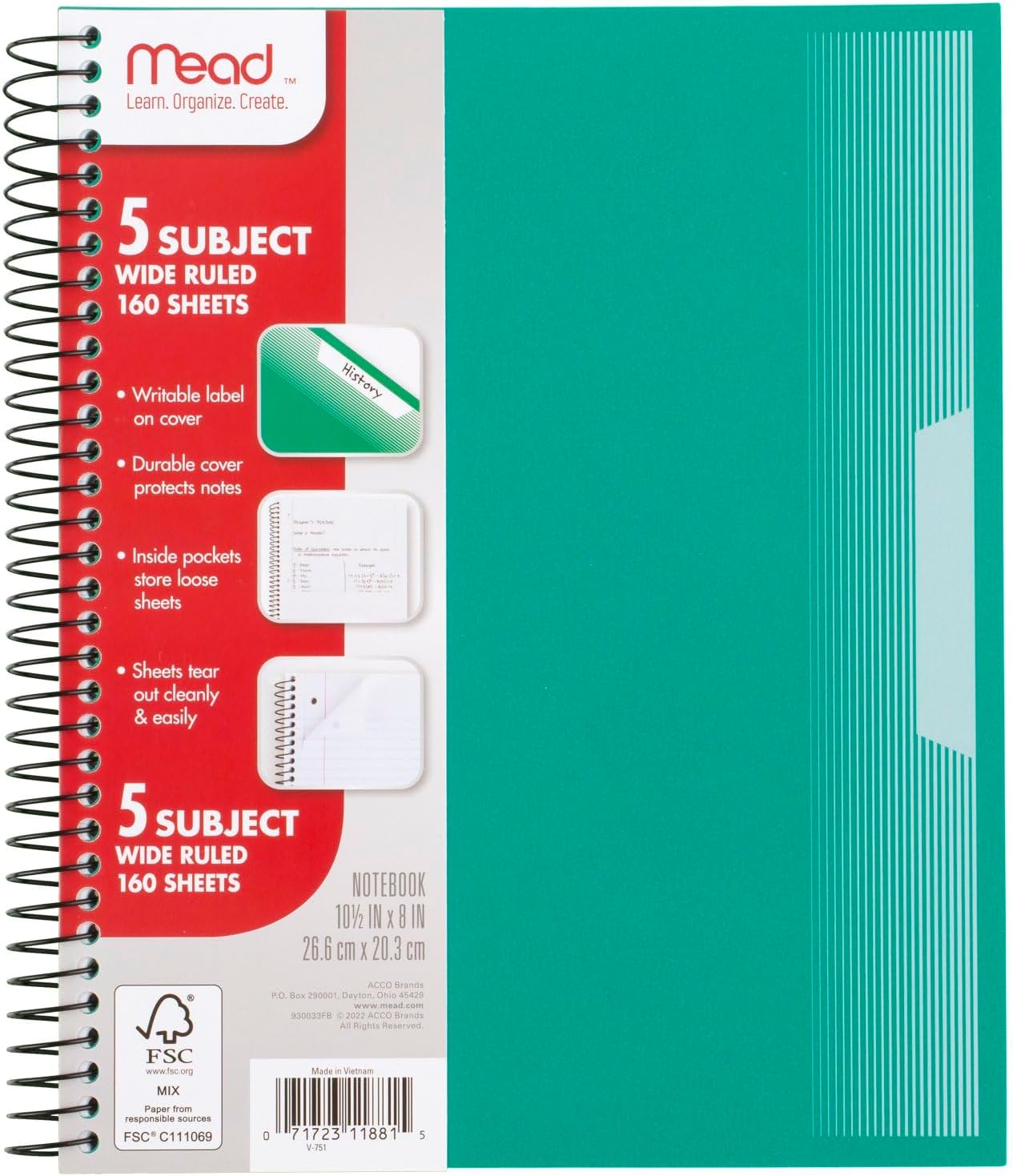 Mead Spiral Notebooks, 1 Subject, Wide Ruled Paper, 8" x 10-1/2", 100 Sheets, Assorted Colors, 5 Pack (930093)