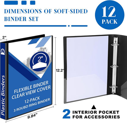 Fulmoon 12 Pcs Economy View 3 Ring Plastic Binder 12.2 x 9.8 Inch Plastic Round Ring Binders with Pockets Notebinder for Meetings for Home, Office, School(White, 1/2 Inch)
