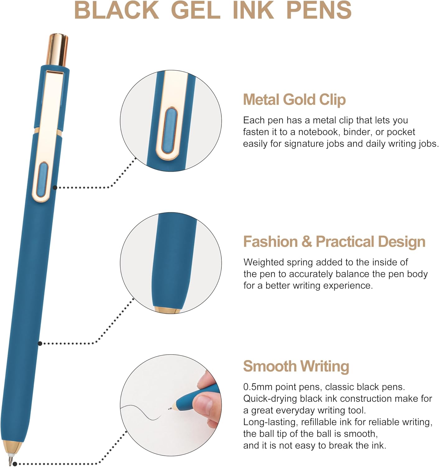Linbsunne Gel Pens Black Ink Pens for Office 0.5mm Fine Point Pen Smooth Writing Retractable (Metal gold clip-10 pcs)