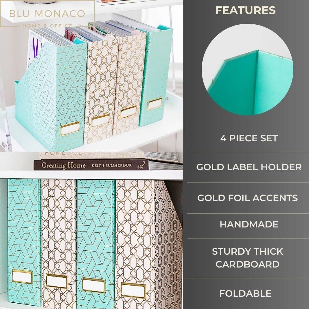 BLU MONACO | Cardboard Magazine File Holder Set of 4 | Vertical Magazine File Holder for Desk and Shelves | Standing File Holder for Classroom School Paper Storage