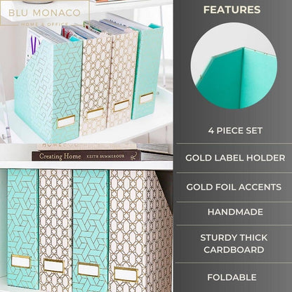 BLU MONACO | Cardboard Magazine File Holder Set of 4 | Vertical Magazine File Holder for Desk and Shelves | Standing File Holder for Classroom School Paper Storage