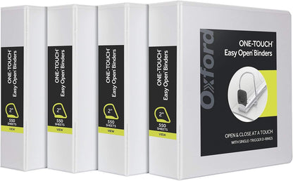 Oxford 3 Ring Binders, Binders for School and Office, 2 Inch ONE-Touch Easy Open D Rings, 3-Sided View Binder Covers, Xtralife Hinge, Non-Stick, PVC-Free, White, 530-Sheet Capacity, 4 Pack (79910)