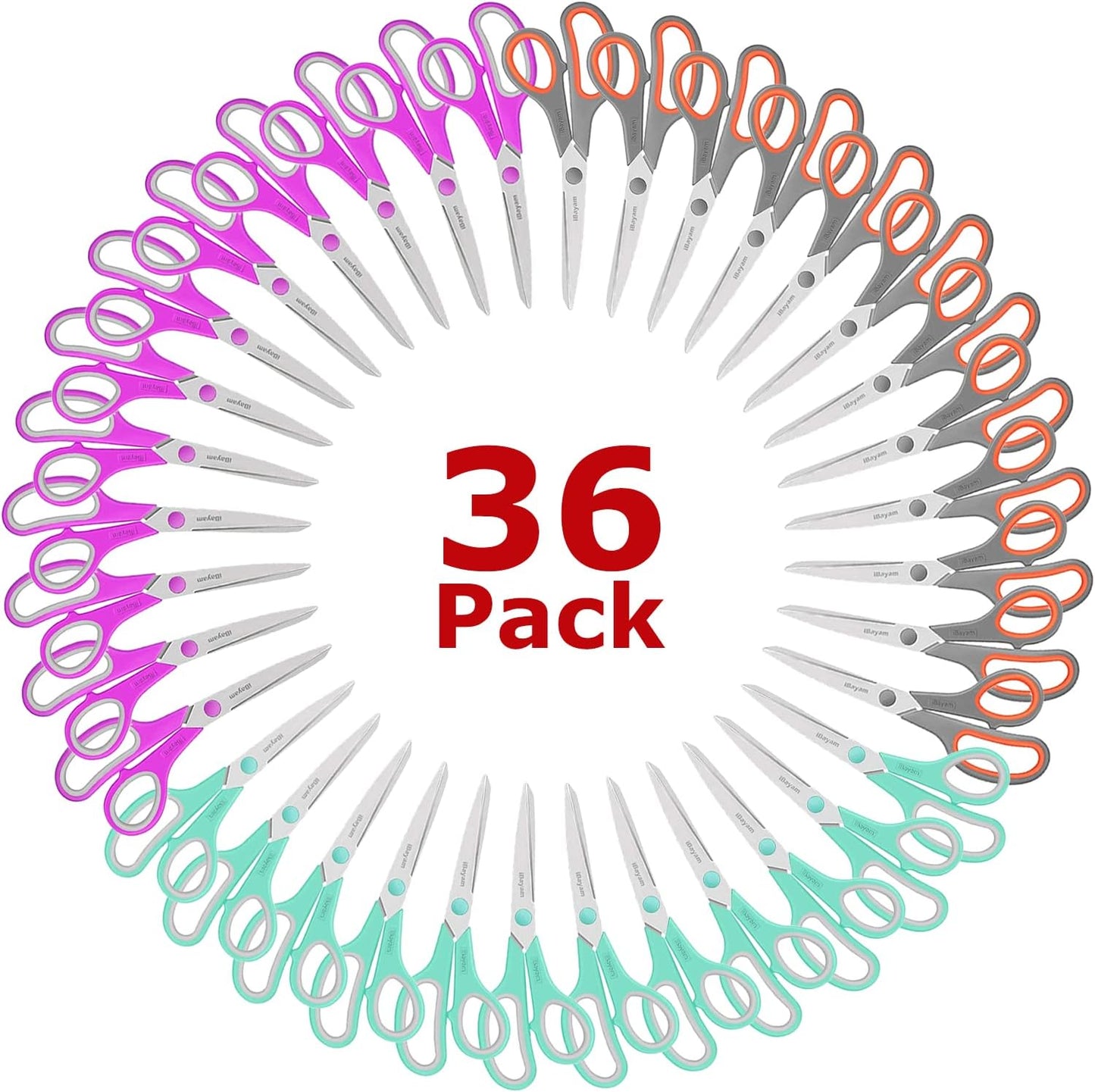 Scissors, iBayam 8" All Purpose Scissors Bulk 3-Pack, Ultra Sharp 2.5mm Thick Blade Shears Comfort-Grip for Aesthetic Fun Cute School Office Teacher Desk Crafts and Art Supplies Accessories Essential
