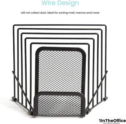 1InTheOffice Metal Incline Desktop File Sorter, Black Wire Mesh Step Sorter, 6 Compartments