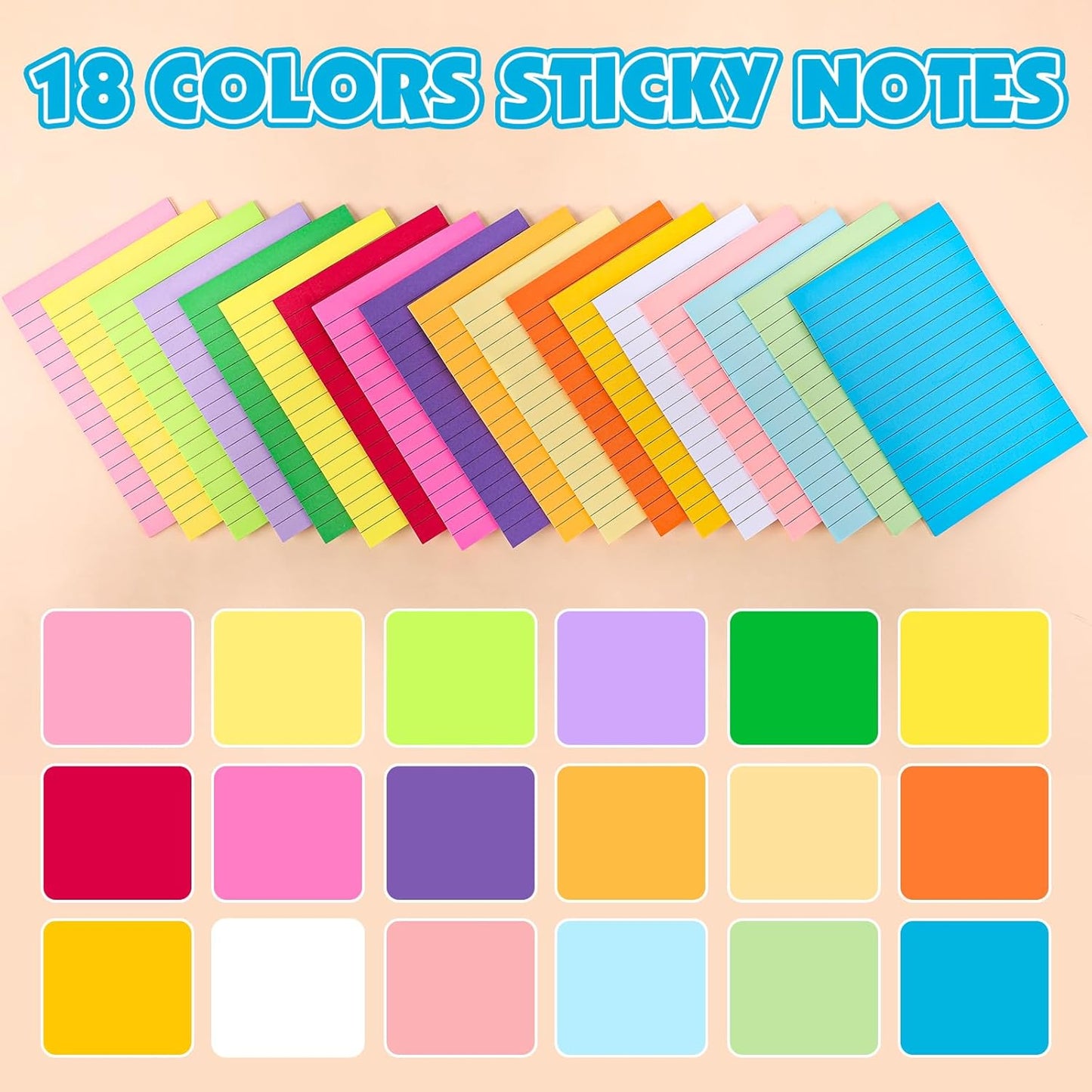 18 Pads Lined Sticky Notes, 18 Colors 4in x 6in Self Stick Note Pads, Strong Adhesive Sticky Note with Lines, Large Sticky Notes for School, Home, Office, 24 Sheets/Pad