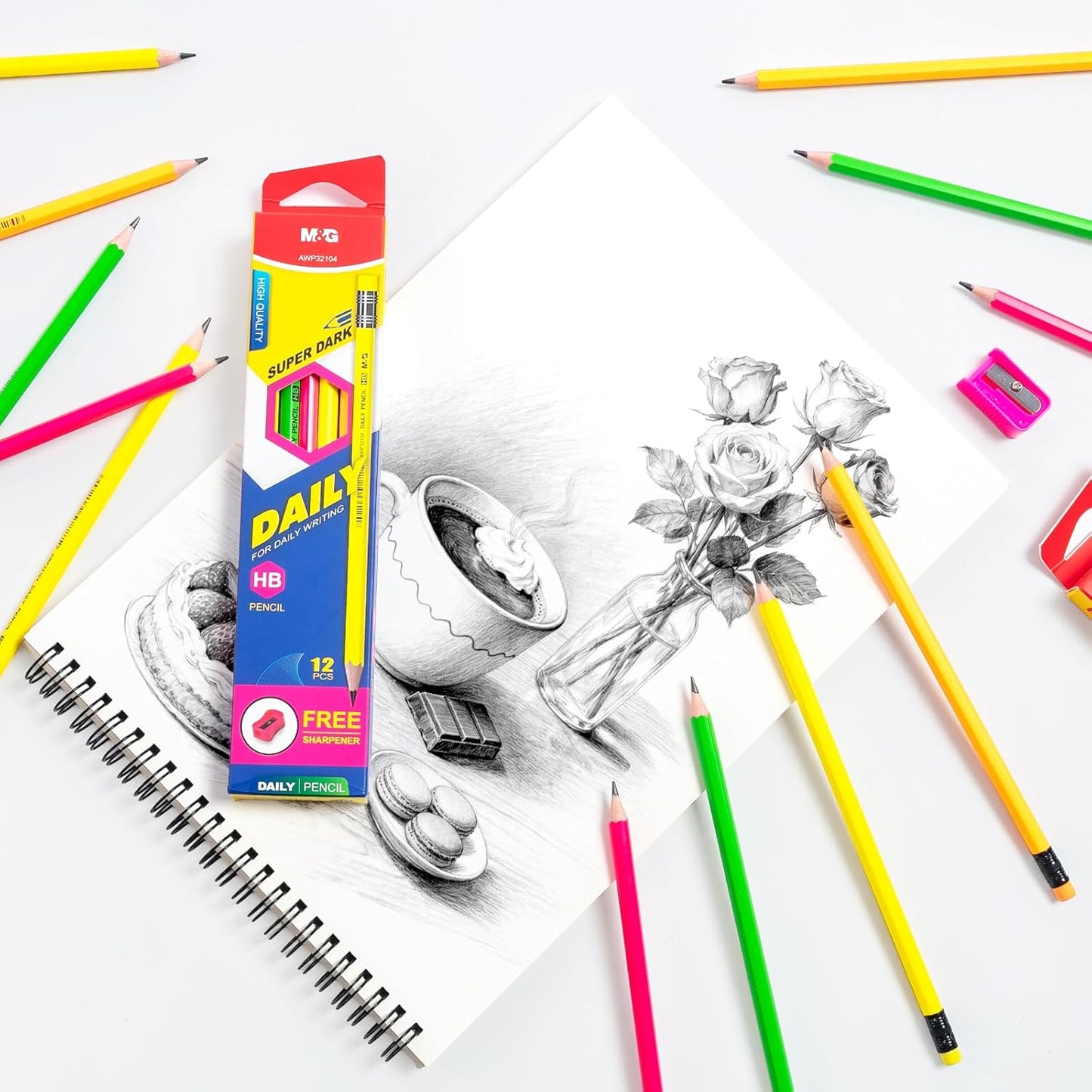 M&G Daily Series 24 Pack HB Pencils, Pre-Sharpened Hexagonal Wood-Cased Pencils with Erasers, 4 Color Barrels, Includes 2 Mini Sharpeners for Writing Drawing and School Office Supplies