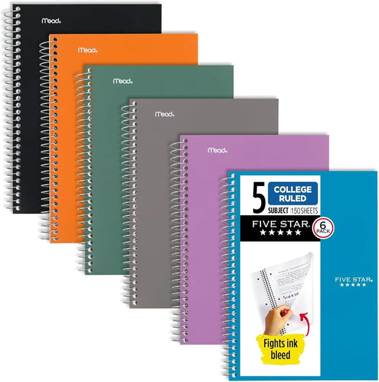 Five Star Spiral Notebook, 5 Subject, College Ruled Paper, 6" x 9-1/2", 150 Sheets, Selected Colors Will Vary, 6 Pack (840030A)