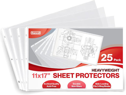 Dunwell 11x17 Sheet Protectors Landscape - (50 Pack, Heavyweight), 11 x 17 Ledger Size Plastic Sleeves, 3 Hole Punched, Fits 3-Ring Binders, Clear Archival Sleeves, Oversized Sheet Protectors