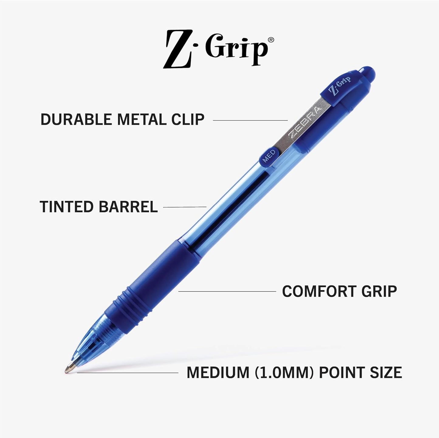 Zebra Pen Z-Grip Retractable Ballpoint Pen, Smooth-Flowing Black Ink, 1.0mm Medium Point, School & Office Supplies, Ideal for Note-Taking, Journal and Planner Use, 18-Pack (22218)