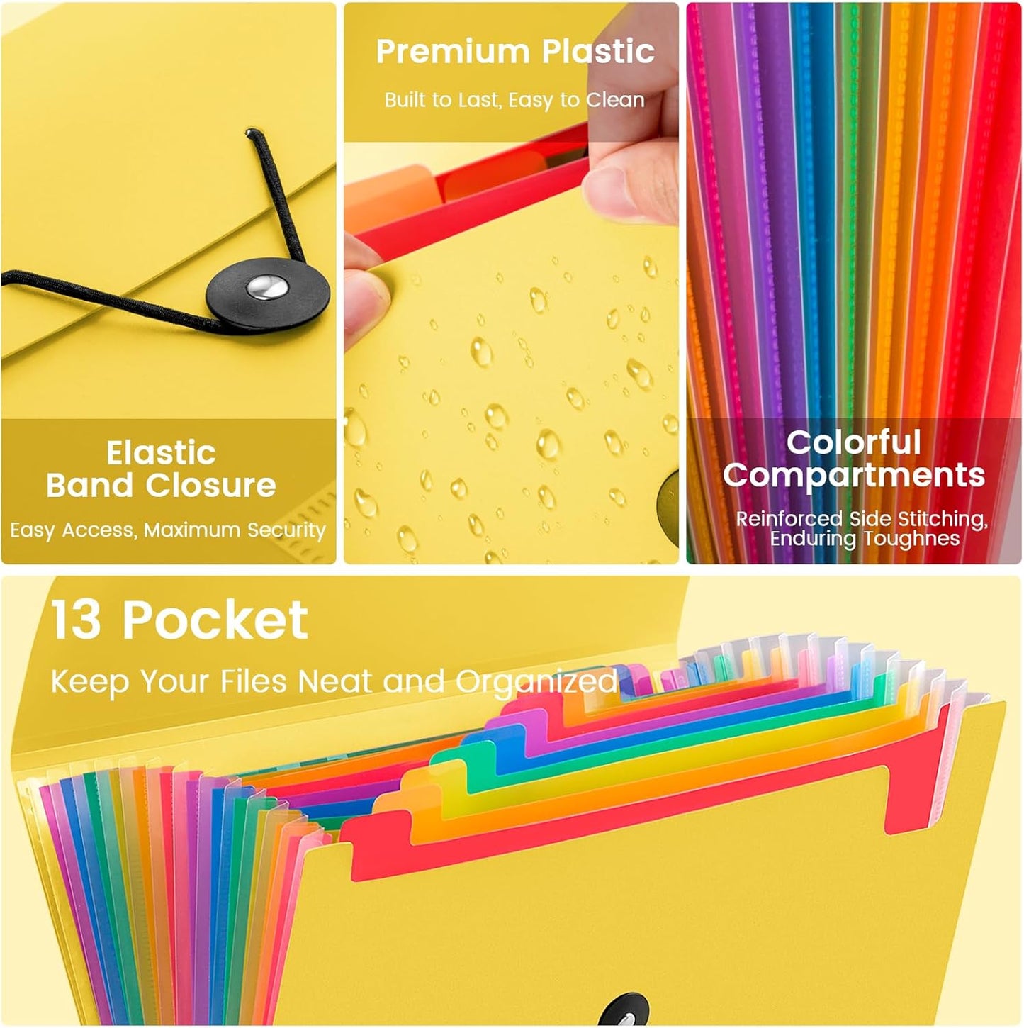 13 Pocket Accordion File Organizer with Elastic Closure, Expanding File Folder for Letter Size A4 Papers, Ideal for Home, Office Supplies, College Essentials - Purple